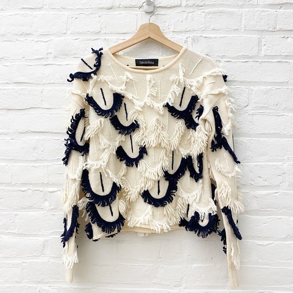 Tabula RasaMali Scallop Fringe Knit Sweater Alpaca Blend Ivory Navy XS